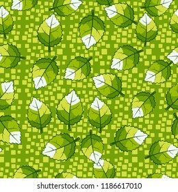 A seamless pattern of jagged leaves located on a background of chaos from rounded squares.