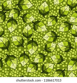 A seamless pattern of jagged leaves located on a background of chaos from rounded squares.