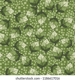 A seamless pattern of jagged leaves located on a background of chaos from rounded squares.