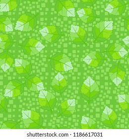 A seamless pattern of jagged leaves located on a background of chaos from rounded squares.