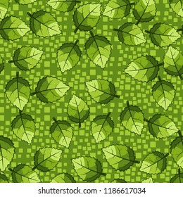 A seamless pattern of jagged leaves located on a background of chaos from rounded squares.
