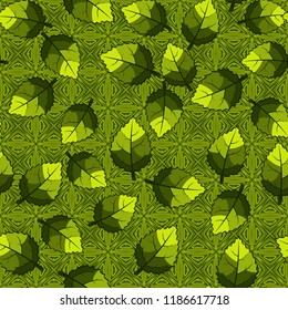 Seamless pattern of jagged leaves located on the background of openwork squares.