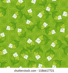 Seamless pattern of jagged leaves located on the background of openwork squares.