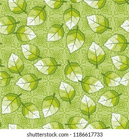 Seamless pattern of jagged leaves located on the background of openwork squares.
