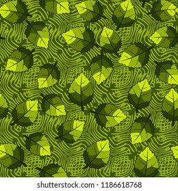 A seamless pattern of jagged leaves set against a background of wicker squares.