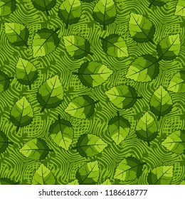 A seamless pattern of jagged leaves set against a background of wicker squares.