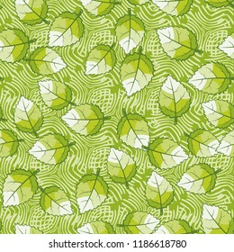 A seamless pattern of jagged leaves set against a background of wicker squares.