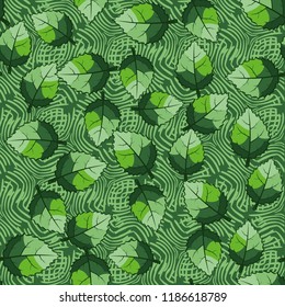 A seamless pattern of jagged leaves set against a background of wicker squares.