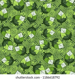 A seamless pattern of jagged leaves set against a background of wicker squares.