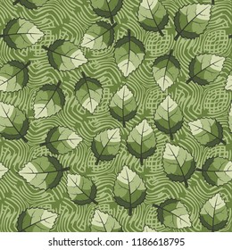 A seamless pattern of jagged leaves set against a background of wicker squares.