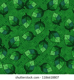 A seamless pattern of jagged leaves set against a background of wicker squares.
