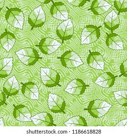 A seamless pattern of jagged leaves set against a background of wicker squares.