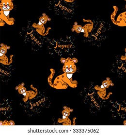 Seamless pattern with a jaguar cub handmade inscription Jaguar and sparkles for your design