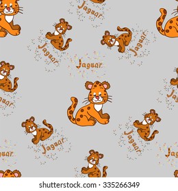 Seamless pattern with a jaguar cub handmade inscription Jaguar and sparkles for your design