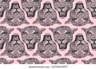 Seamless pattern Jaguar head. Halftone portrait of black beast of wildlife, front face of aggressive cat, symbol of hunting. Vector illustration. Jaguar head seamless pattern on pink background.