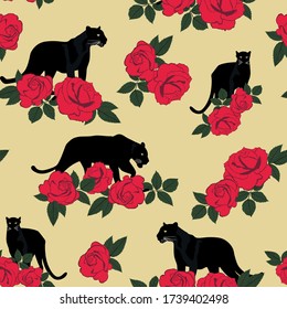 Seamless pattern with jaguar and roses and leaves. Trendy style.