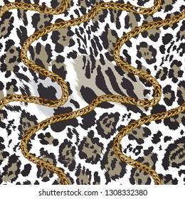 Seamless pattern with jaguar skin and golden chain.