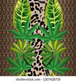 Seamless pattern with jaguar spots, snake skin and tropical leaves.