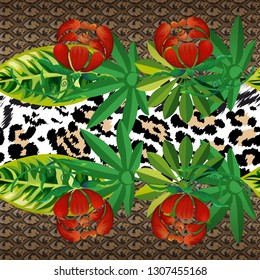 Seamless pattern with jaguar spots, snake skin and tropical leaves, flowers