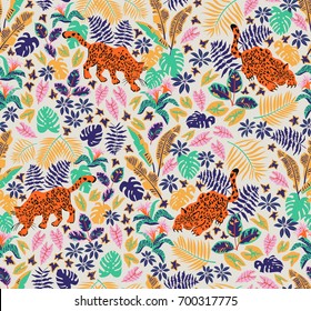 Seamless pattern with jaguars and rainforest plants. Trendy tropical design for textiles
