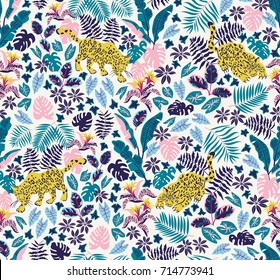 Seamless pattern with jaguars and rainforest plants. Trendy tropical design for textiles
