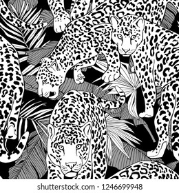Seamless pattern. Jaguars and a Tropical banana, exotic palm leaves. Textile composition, hand drawn style print. Vector black and white illustration.