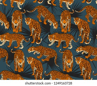 Seamless pattern. Jaguars and a Tropical exotic palm leaves on a dark background. Textile composition, hand drawn style print. Vector illustration.