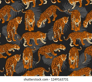 Seamless pattern. Jaguars and a Tropical exotic fern leaves on a dark background. Textile composition, hand drawn style print. Vector illustration.