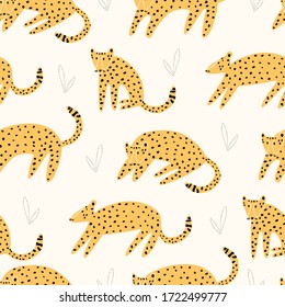 Seamless pattern with jaguars. Vector leopard in different poses. Cartoon animal illustration for kids fabric, textile, surface design