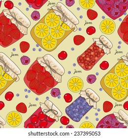Seamless pattern jam with cherries, oranges, blueberries, mandarin oranges, fruit, berries in vintage style. Colorful vector illustration