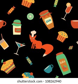 Seamless pattern with jam, juice, cake, candy and a chef fox.
