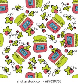 Seamless pattern with jam, marmalade and srawberries. Doodle vector illustration. Can be used for web page backgrounds, textile designs, fills, banners, cards, sale posters.