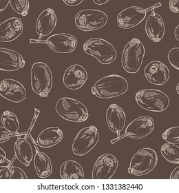 Seamless pattern with jambolan: jambolan fruit and leaves. Vector hand drawn illustration.