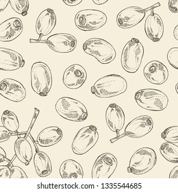 Seamless pattern with jambolan: jambolan fruit and leaves. Vector hand drawn illustration.