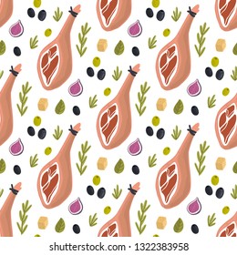 Seamless pattern with Jamon (traditional Spanish delicacy), figs, cheese, rosemary, herbs and olives on a white background. Excellent design for menu, brochures, poster, packaging, wrapping paper etc.