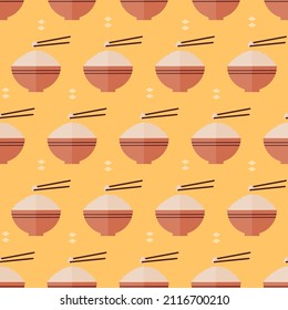 seamless pattern Japan Asia rice food bowl chopsticks on yellow background vector wallpaper textile giftwrap