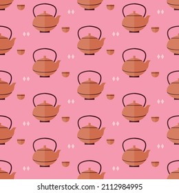 seamless pattern Japan Asia tea cup teapot drink on pink background vector wallpaper textile giftwrap