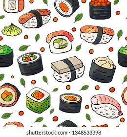 Seamless pattern with japan sushi isolated on white background.