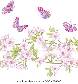 Seamless pattern with Japanese blossom sakura and butterflies. Vector stock illustration.