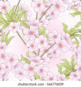 Seamless pattern with Japanese blossom sakura. Vector stock illustration.