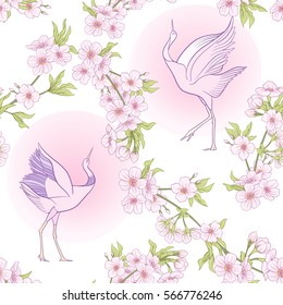 Seamless pattern with Japanese blossom sakura and crane, bird. Vector stock illustration.