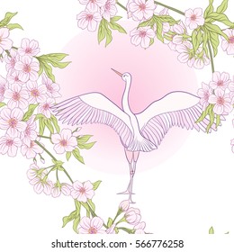 Seamless pattern with Japanese blossom sakura and crane, bird. Vector stock illustration.