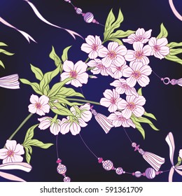 Seamless pattern with Japanese blossom sakura. Vector stock illustration.