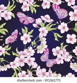 Seamless pattern with Japanese blossom sakura and butterflies. Vector stock illustration.