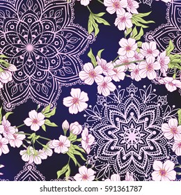 Seamless pattern with Japanese blossom sakura. Vector stock illustration.