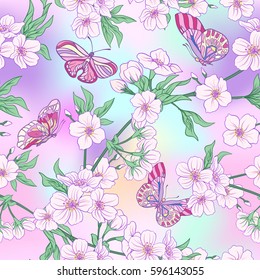 Seamless pattern with Japanese blossom sakura and butterflies. Vector stock illustration.