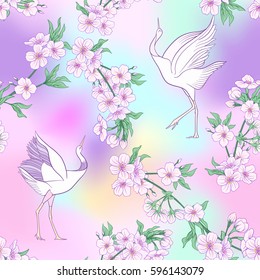 Seamless pattern with Japanese blossom sakura and crane. Vector stock illustration.