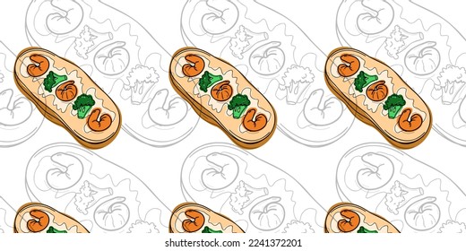Seamless pattern with Japanese bruschetta with broccoli and shrimp. Doodle style or hand drawing. vector illustration