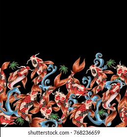 Seamless pattern with Japanese carp koi in different poses with waves. 