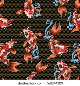 Seamless pattern with Japanese carp koi and wave on geometrycal background. Vector illustration.